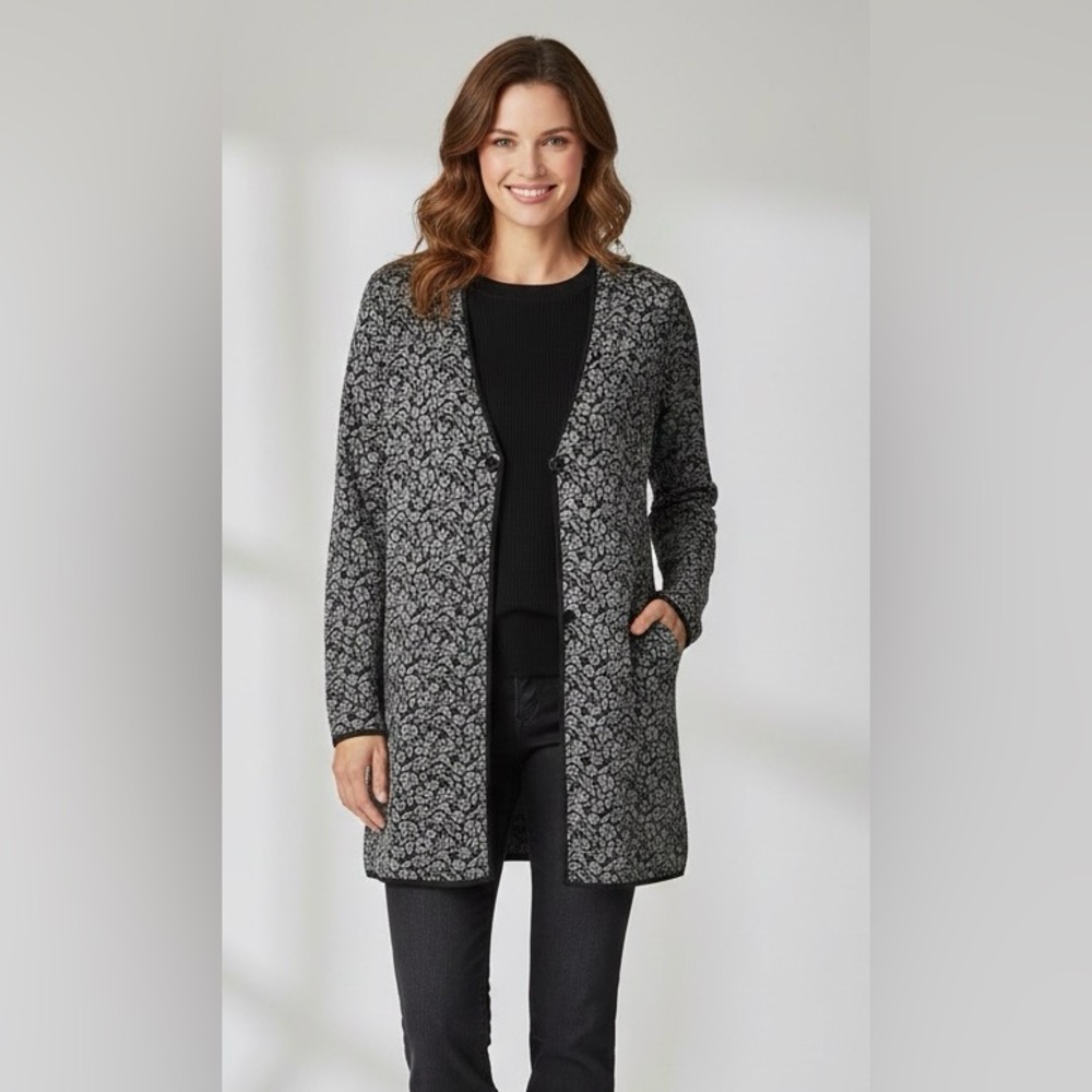Jones New York Black/Silver Grey, Long Cardigan, Single Button Closure, S